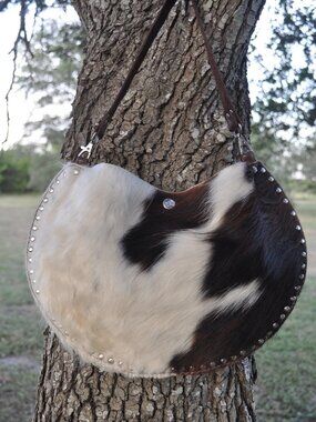 🤎🤍 Handmade Large Cowhide Crescent Purse | Genuine Leather | One-of-a-Kind Wes